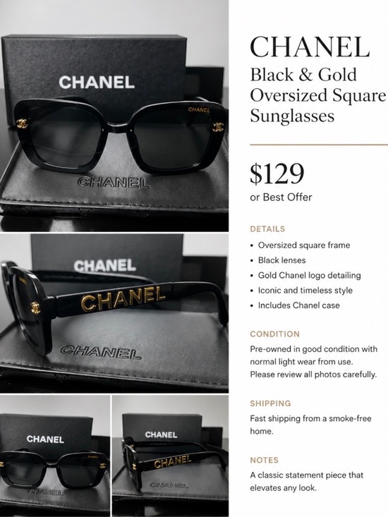 Chanel Black & Gold Oversized Square Sunglasses